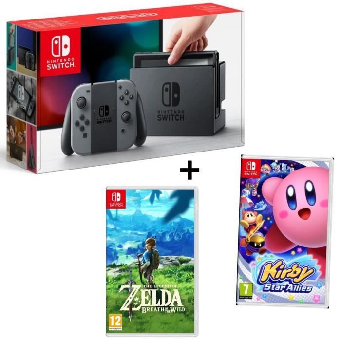 Pack NINTENDO Console Switch Joy-Cons gris + Jeu Kirby Star Allies + Jeu The Legend of Zelda : Breath of the Wild