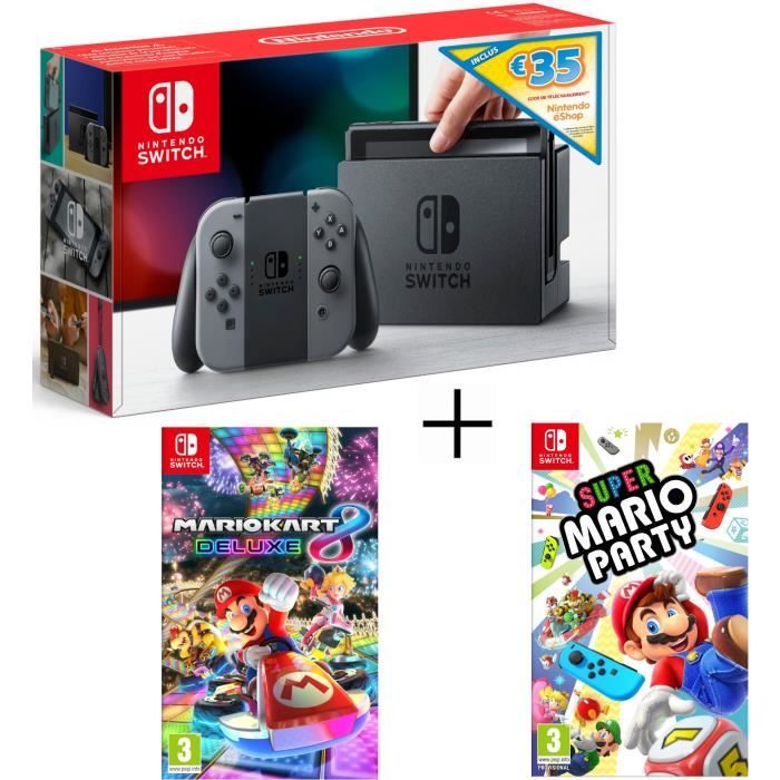 Console Nintendo Switch Grise+ code téléchargement 35€ Nintendo eShop + Super Mario Party + Mario Kart 8 Deluxe