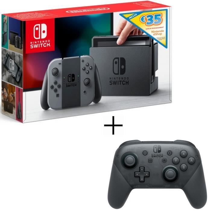 Console Nintendo Switch avec paire de Joy-Con gris + code téléchargement 35€ Nintendo eShop + Manette Pro Controller