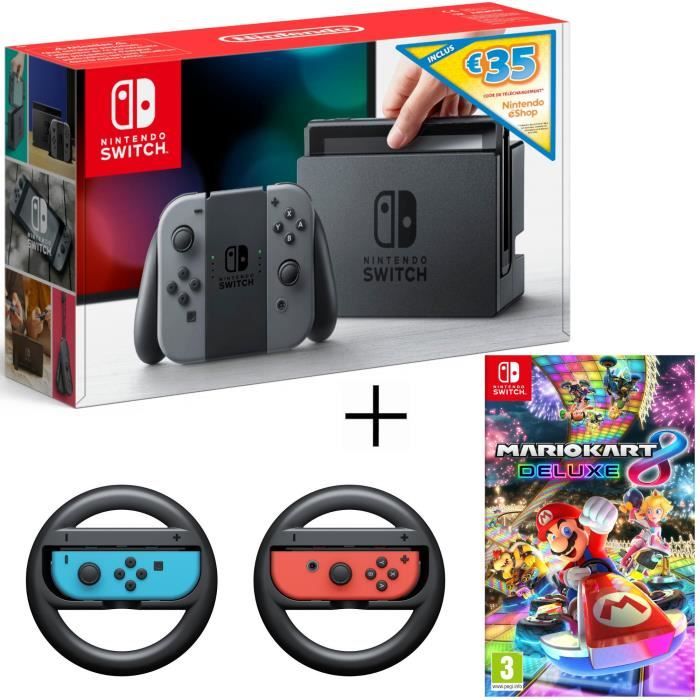 Console Nintendo Switch avec paire de Joy-Con gris + code téléchargement 35 + Mario Kart 8 Deluxe + Paire de volants pour Joy-Con