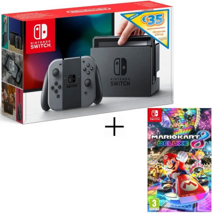 Console Nintendo Switch avec paire de Joy-Con gris + code téléchargement 35€ Nintendo eShop + Jeu Mario Kart 8 Deluxe