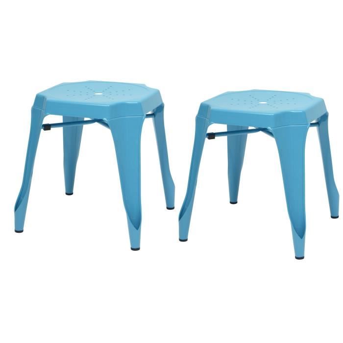 KRAFT Amy Lot de 2 tabourets en métal bleu satiné - Industriel - L 42 x P 42 cm - Assise H 44cm