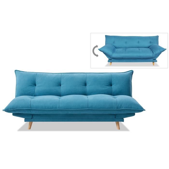 SOFTY Banquette convertible - Tissu bleu - Pieds bois clair - L 191 x P 50 x H 83 cm