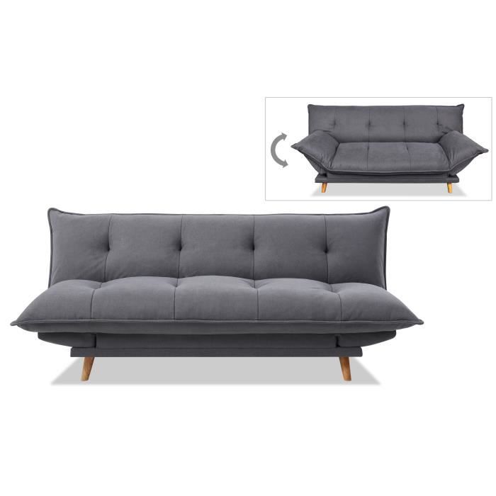 SOFTY Banquette convertible - Tissu gris - Pieds bois clair - L 191 x P 50 x H 83 cm