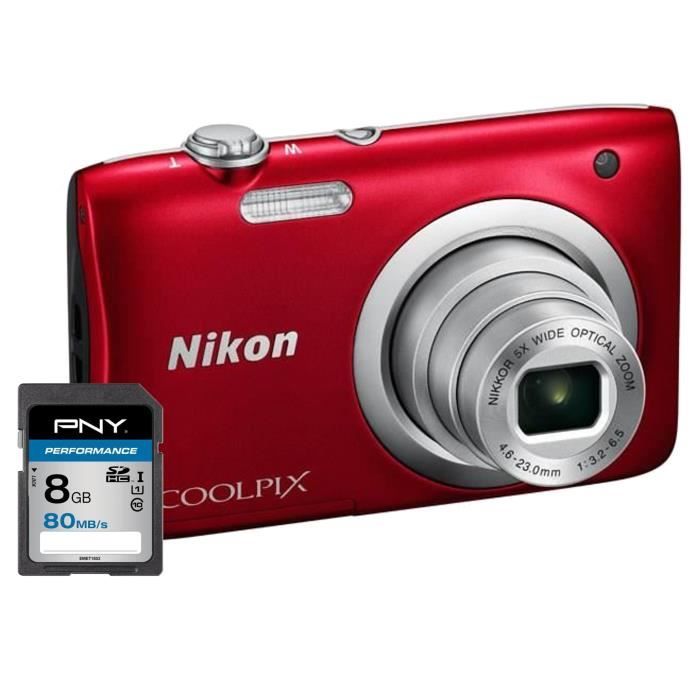 NIKON COOLPIX A100 Appareil photo numérique Compact - 20,1 mégapixels - Zoom NIKKOR - Rouge + Carte 8Go