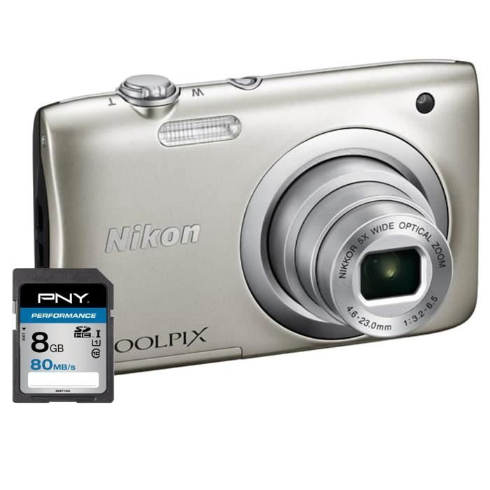 NIKON COOLPIX A100 Appareil photo numérique Compact - 20,1 mégapixels - Zoom NIKKOR - Silver + Carte 8Go