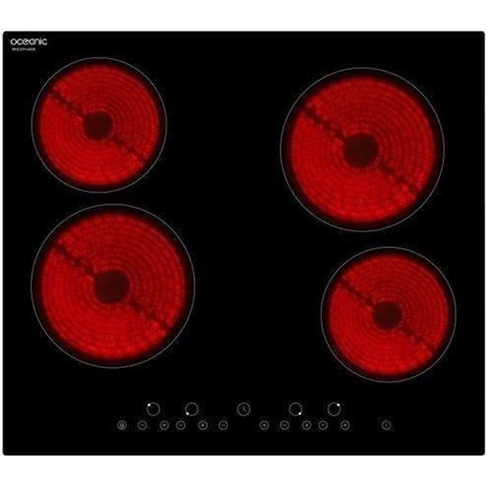 OCEANIC TV4ZSE Table cuisson vitrocéramique-4 zones-6000W-L59xP52cm-Revêtement verre-Noir