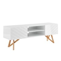 MEUBLE TV LULEA Meuble TV scandinave blanc laqué brillant - MEUBLE TV LULEA Meuble TV scandinave blanc laqué brillant -