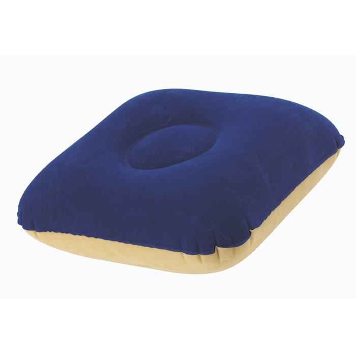 Coloris  bleu et beige. Oreiller de Camping  gonflable, en velours.