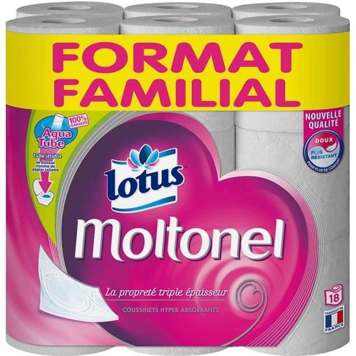 Lotus Moltonel 18 rouleaux papier toilette rose 3 épaisseurs doux et résistante
