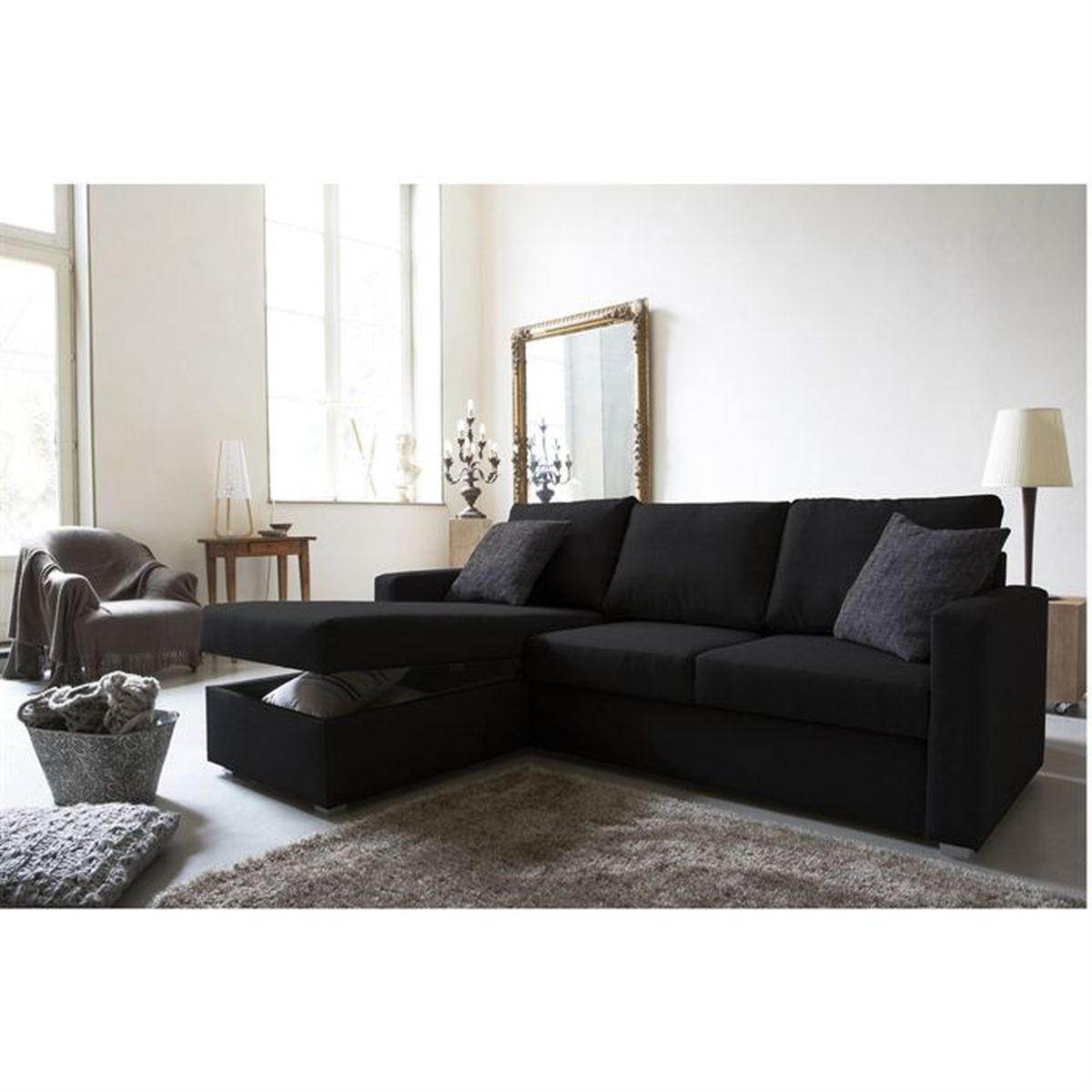 JULES Canapé d angle réversible convertible 4 places Tissu noir