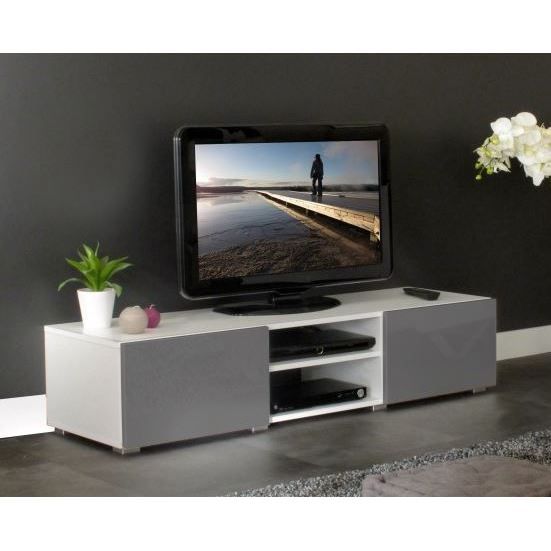 MANGO Banc TV 140 cm 2 tiroirs blanc/gris brillant   Achat / Vente
