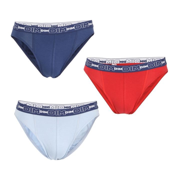 et rouge. Lot de 3 slips DIM Homme, en coton stretch. Composition 96